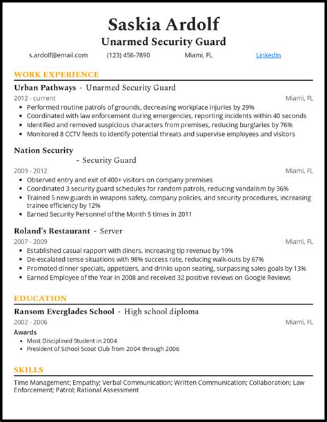 Security guard resume summary  (555)-555-5555